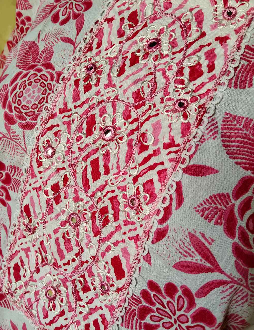 White With Pink Cotton Floral Kurthi Set