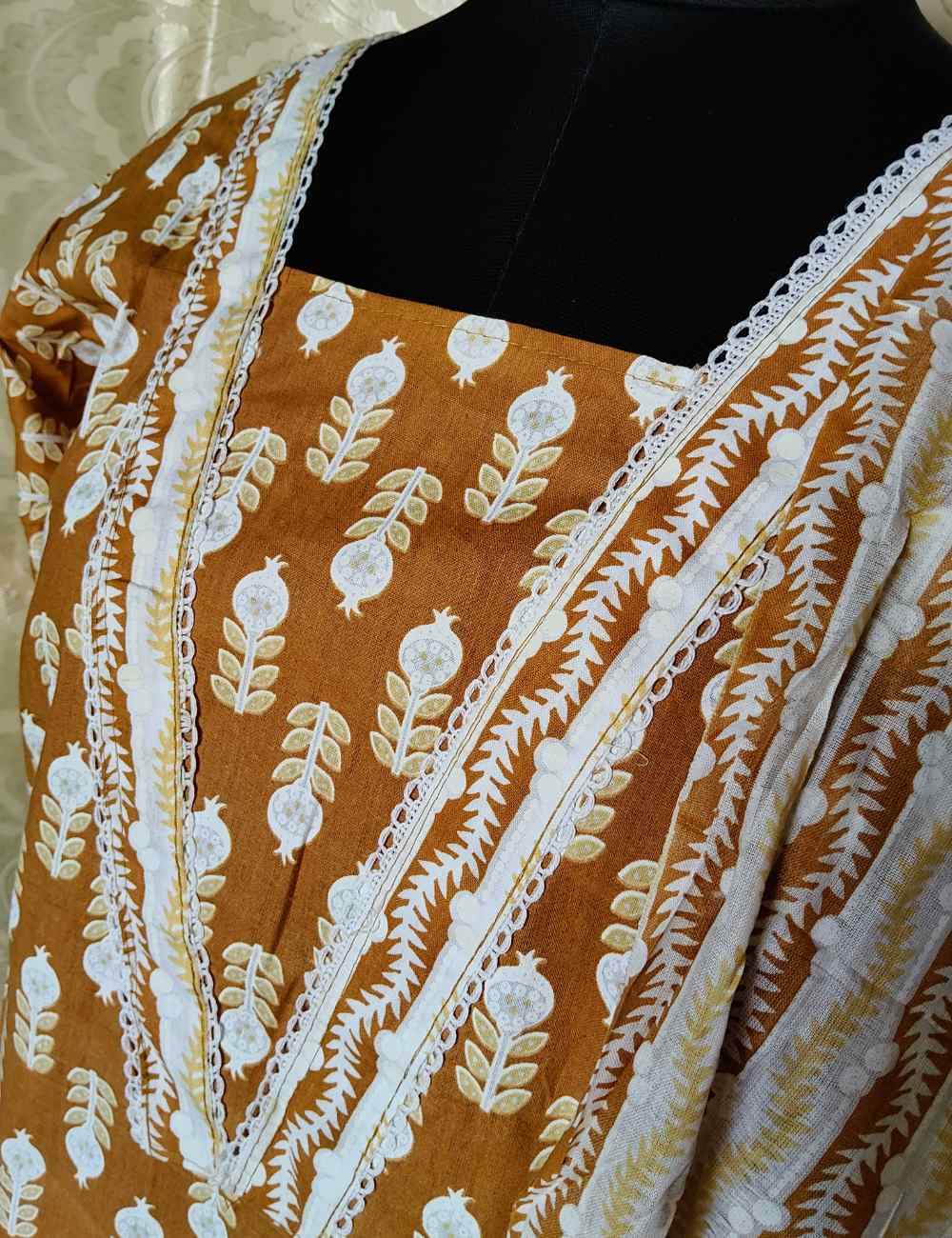 Mustard Orange Printed Cotton Kurthi Set