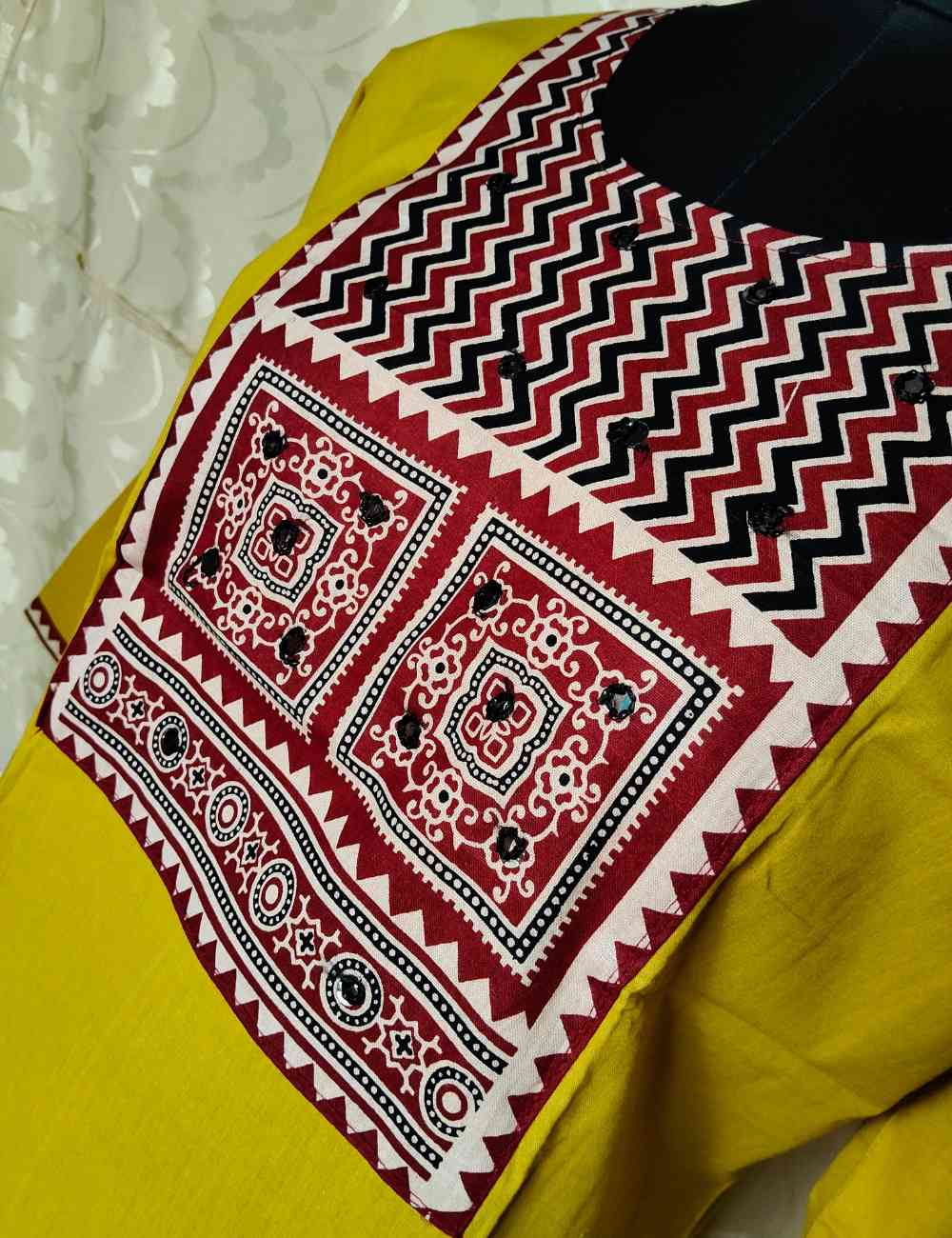 Mustard Yellow Ajrak Print Cotton Kurthi