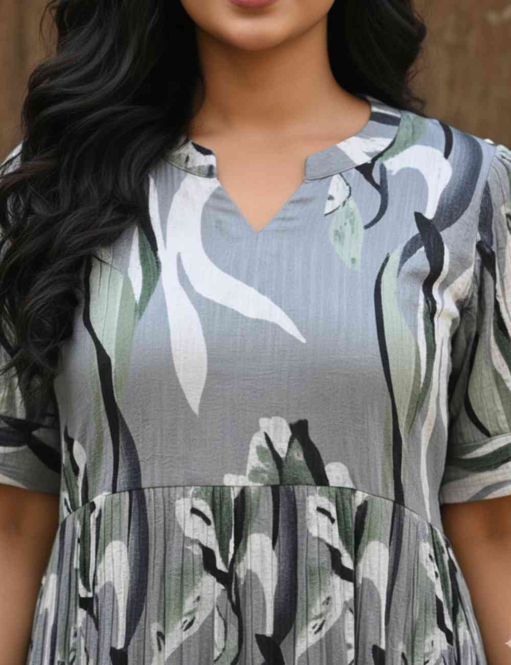 LIYA - Grey Poly Cotton Popcorn Textured With Bold Floral Print Maxi